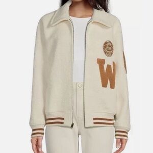 Gianni Bini x Nastia Luikin Boucle Cream and Brown Varsity Jacket